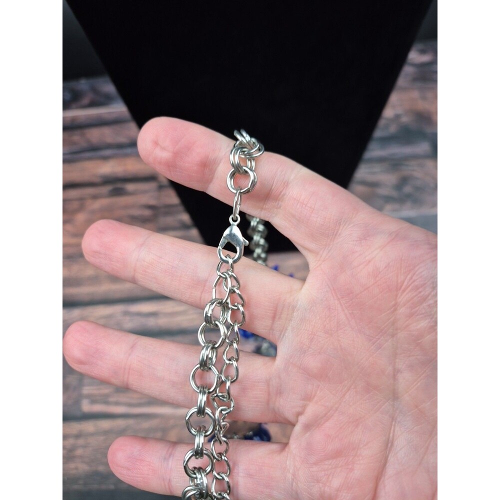 Vtg Lucite Flower Cluster Necklace Blue Crystal‎ Silver Tone 17–19" Cottagecore - Picture 8 of 14